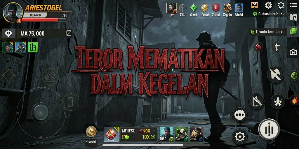 Tampilan menegangkan dari gameplay ARIESTOGEL yang penuh kegelapan.