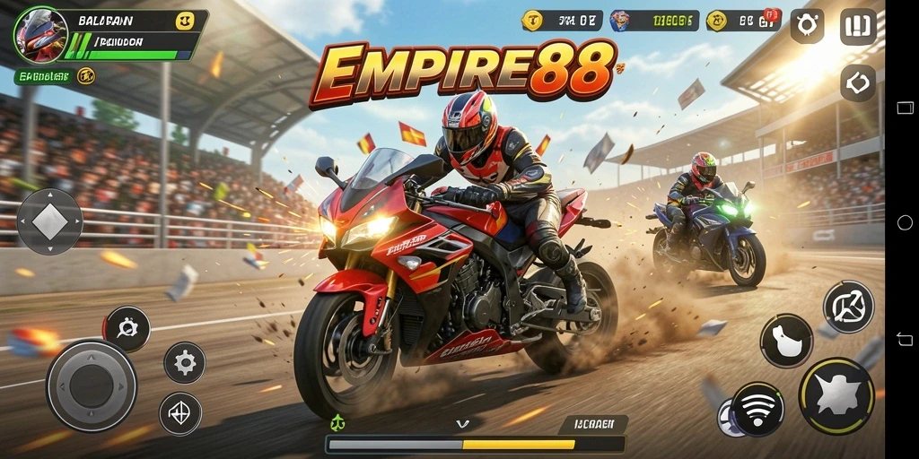Screenshot gameplay seru dari EMPIRE88 yang menunjukkan aksi balapan motor.