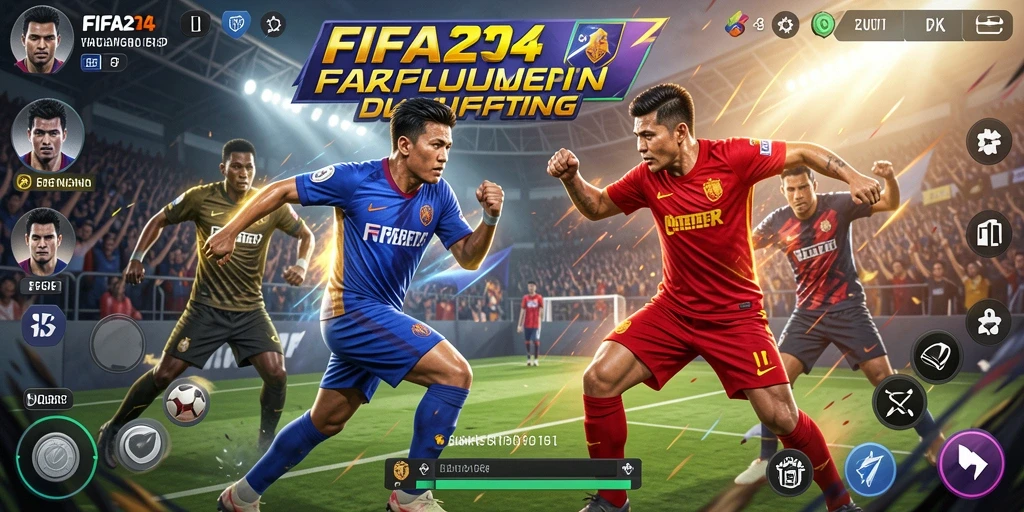 Tampilan gameplay menegangkan dari FIFA234 dengan pertarungan yang dinamis.