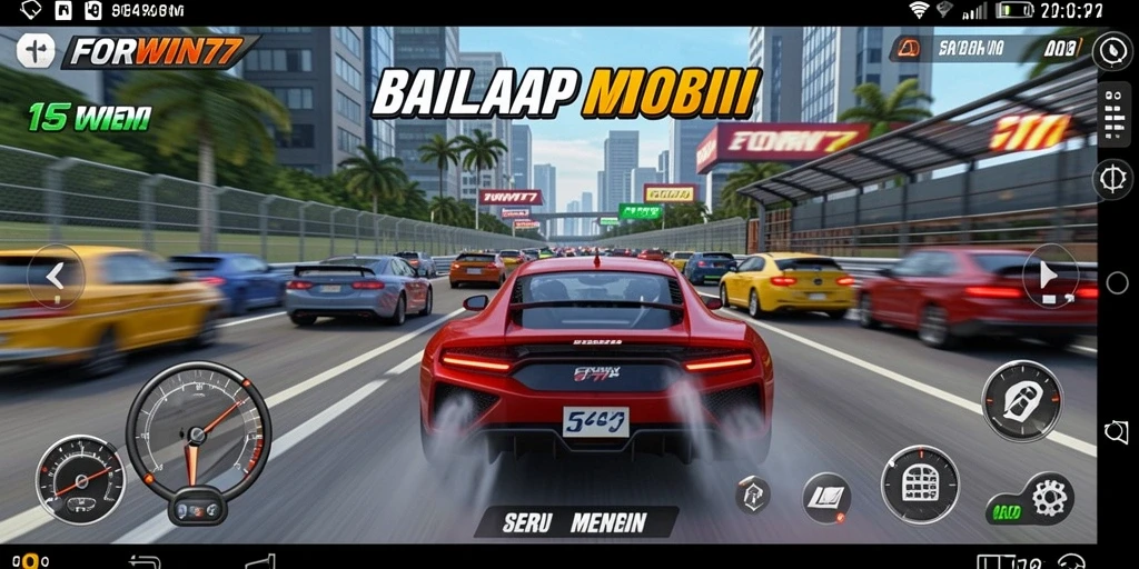 Screenshot gameplay FORWIN77 menampilkan mobil balap melaju kencang di trek yang menantang.