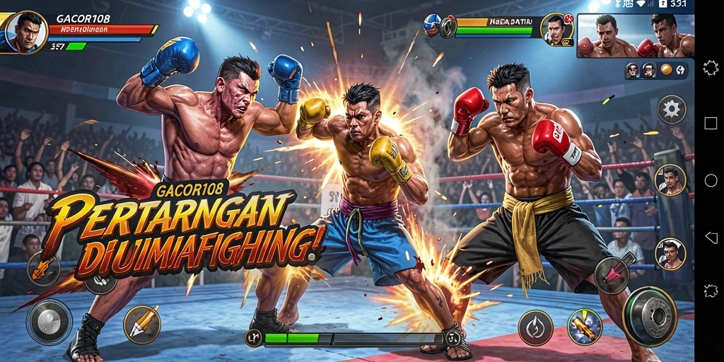 Tangkapan layar GACOR108 menampilkan pertarungan mendebarkan antara dua karakter.