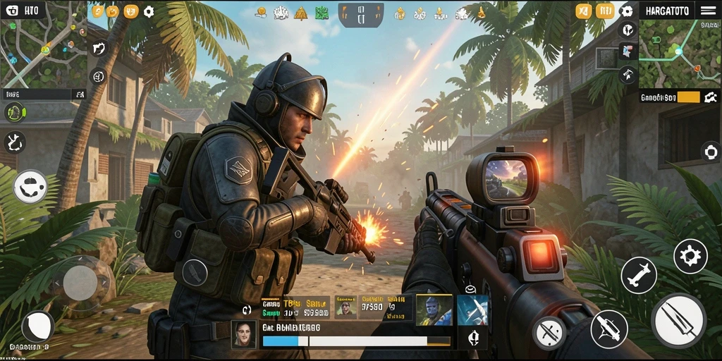 Tampilan gameplay seru HARGATOTO dengan aksi tembak-menembak yang mendebarkan.