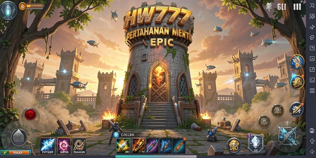 Tangkapan layar gameplay HW777 yang menampilkan pertahanan menara yang strategis.
