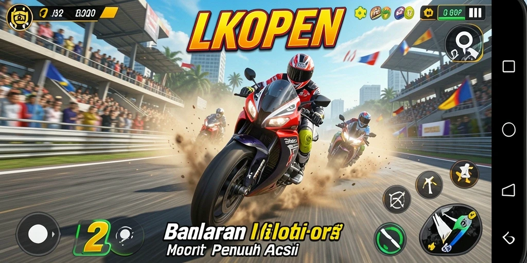 Screenshot gameplay LKOPEN menampilkan aksi balapan motor yang mendebarkan.