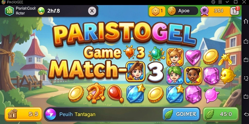 Screenshot gameplay PARISTOGEL dengan elemen match-3 yang berwarna-warni.