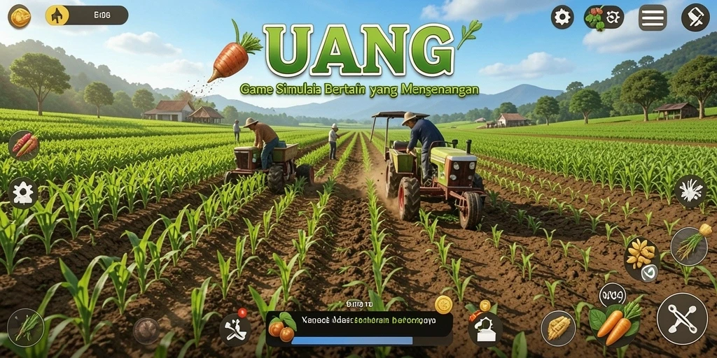 Screenshot utama UANG menampilkan gameplay bertani yang seru dan interaktif.